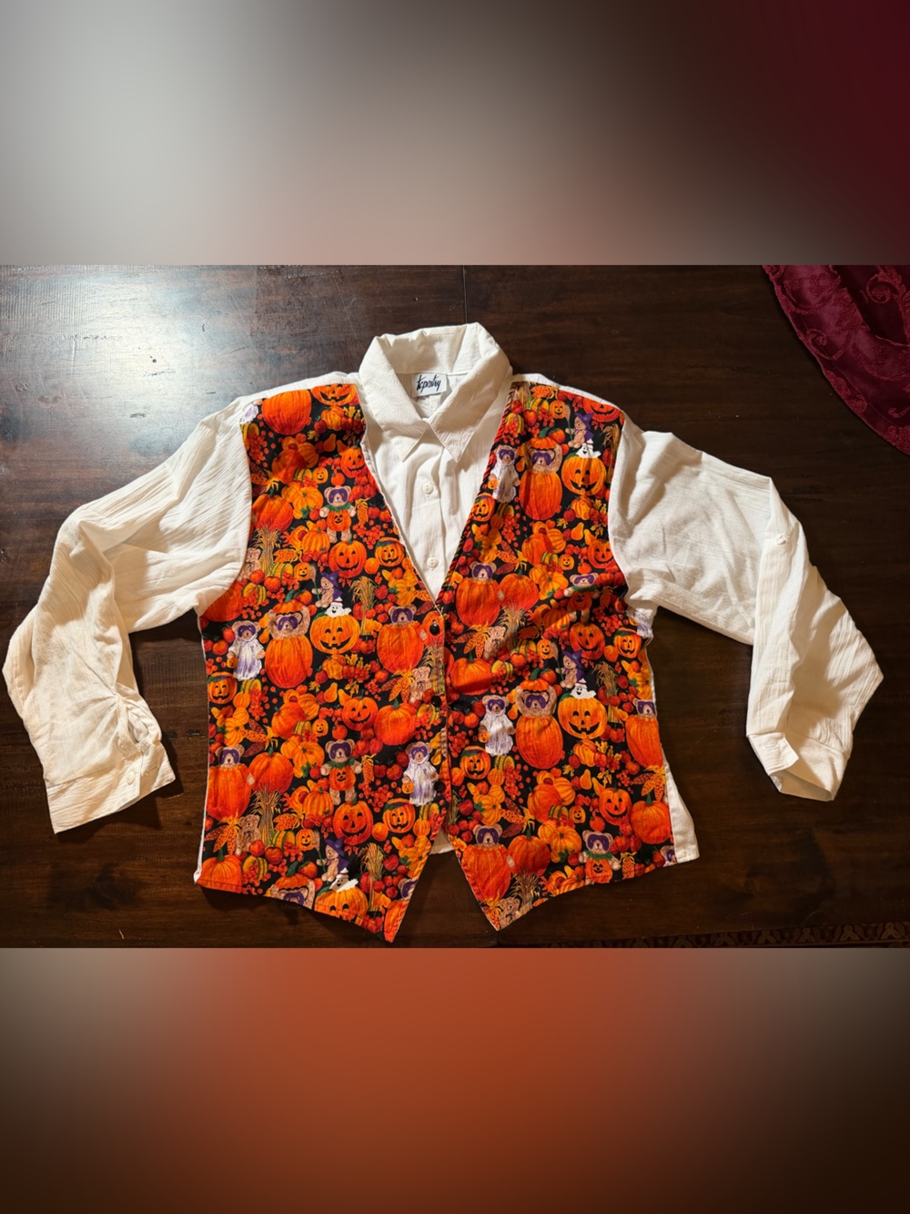 Vtg 90s grannycore long sleeve shirt with attached Halloween theme vest
